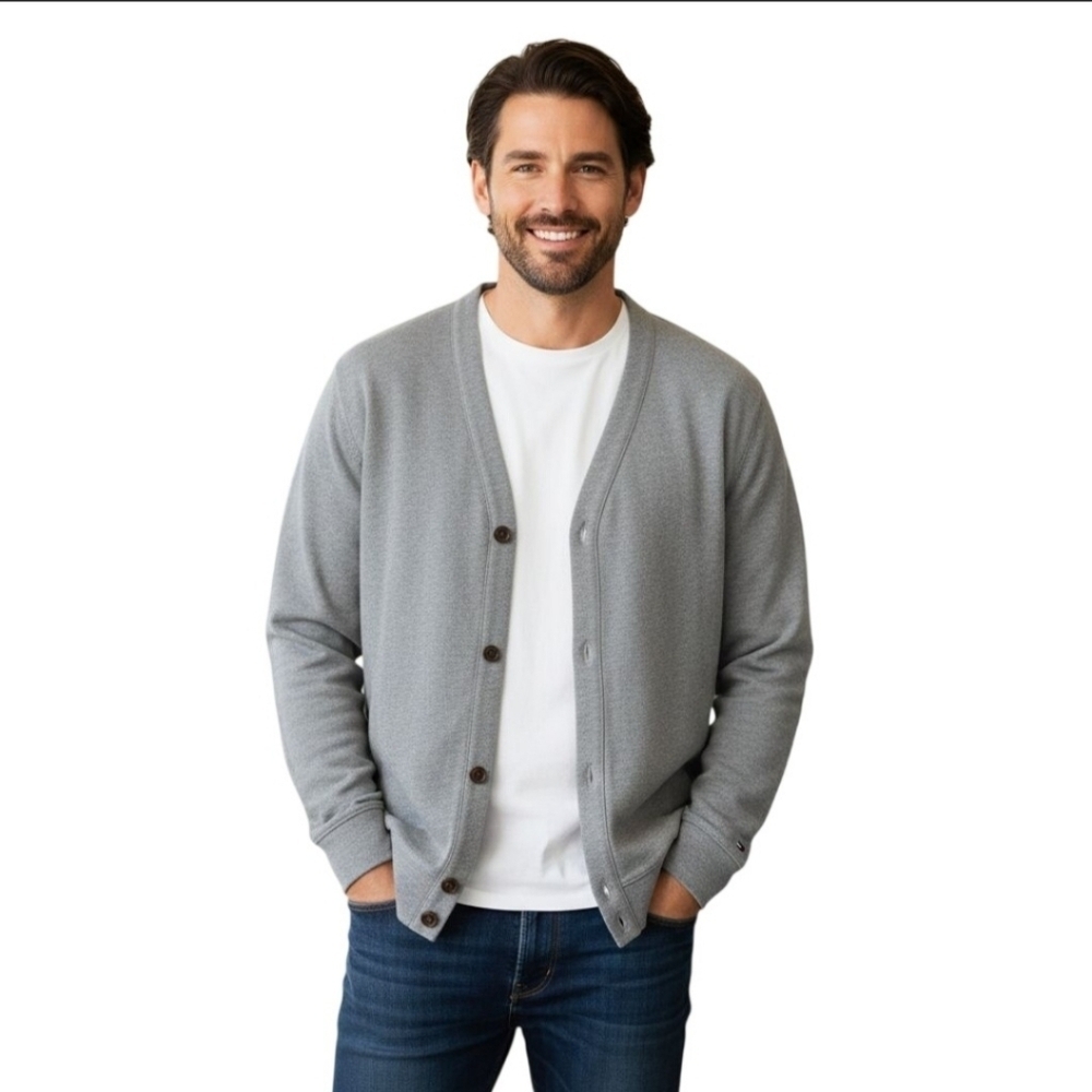 Tommy Hilfiger NWT Gray Button-Up VNeck Cotton Cardigan Sweater Size L